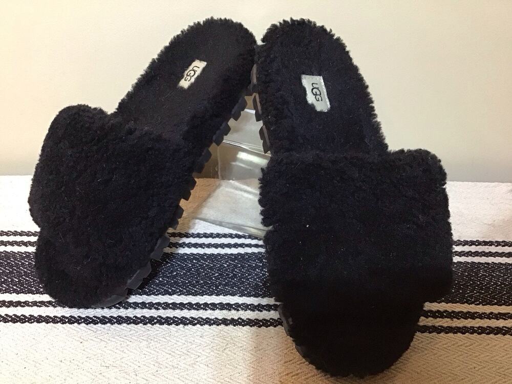 Ugg Women's Black Cozetta Curly Platform Slippers EU 40 US W9-9.5 Style 1130838